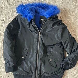 Calvin Klein Girls Size 14 Black Winter Jacket Fun Furry Blue Hood Logo Sleeve